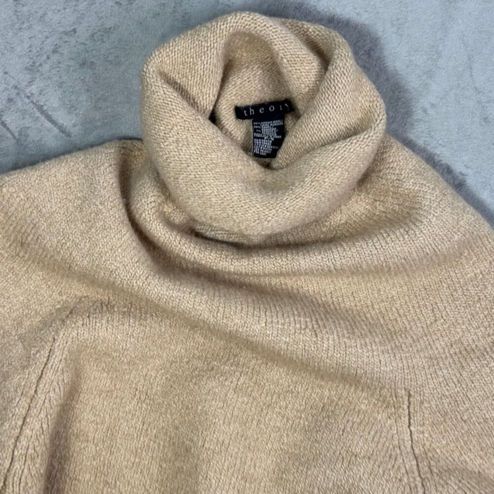 Theory Merino Wool Camel Hair Blend Tan Turtleneck Drop Shoulder Sweater - Picture 4 of 9